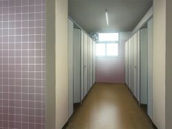  ceiling ceiling_light day game_asset glowing_windows hallway indoors no_humans non-web_source official_art public_restroom self-datamine subarashiki_hibi variant_set window 