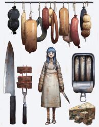  1girl apron blue_eyes bright_pupils can carving_fork cheese commentary_request dirty dirty_clothes dorohedoro eyelashes fish fish_(food) food fork full_body highres holding holding_knife kitchen_knife knife meat mittens open_mouth rb_17 sardine sausage shoes simple_background smile solo standing turkey_(dorohedoro) white_apron white_background white_pupils white_shoes 