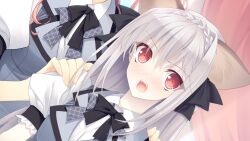  2girls angry animal_ears black_bow black_bowtie blush bow bowtie braid cat_ears crown_braid curtains day double_bowtie dress dutch_angle fake_animal_ears game_asset grey_bow grey_bowtie grey_dress grey_hair hair_bow hands_on_another's_shoulders head_out_of_frame lapels long_hair looking_at_viewer multiple_girls multiple_hair_bows non-web_source nose_blush open_mouth plaid_bow plaid_bowtie plaid_clothes puffy_short_sleeves puffy_sleeves red_eyes sakurakouji_luna school_uniform self-datamine shirt short_sleeves sleeveless sleeveless_dress suzuhira_hiro tsuki_ni_yorisou_otome_no_sahou white_shirt wide-eyed 