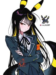  1girl absurdres animal_ears armband black_hair black_jacket black_ribbon black_tail blonde_hair blue_skirt collared_shirt cowboy_shot crossed_arms dixretsa dress_shirt highres jacket large_tail long_hair long_sleeves looking_at_viewer neck_ribbon personification pleated_skirt poke_ball pokedex_number pokemon red_armband red_eyes reference_inset ribbon serious shirt simple_background skirt solo striped_tail tail umbreon white_background white_shirt yellow_tail 