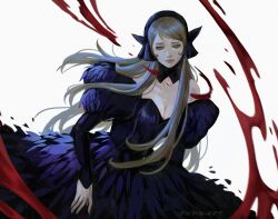  1girl bare_shoulders black_dress blonde_hair blood brown_hair commentary dress dungeon_meshi ear_covers english_commentary green_eyes highres long_hair looking_down marcille_donato marcille_donato_(lord) pointy_ears very_long_hair white_background xsovasd 