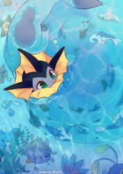  absurdres animal_focus antennae artist_name bubble caustics character_request colored_sclera commentary coral cross-shaped_pupils fins forked_tail green_eyes head_fins highres marill mew_mew_chikorita_moon no_humans pokemon pokemon_(creature) ripples swimming symbol-shaped_pupils tail underwater vaporeon water 