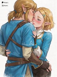 1boy 1girl absurdres black_gloves blonde_hair blue_tunic blush braid brown_hair closed_eyes dewspiree earrings elf english_commentary fingerless_gloves gloves hair_ornament hairclip hand_on_another's_hip hetero highres jewelry kiss link one_eye_closed patreon_username pointy_ears ponytail princess_zelda short_hair the_legend_of_zelda the_legend_of_zelda:_breath_of_the_wild thighs tunic twitter_username white_background 
