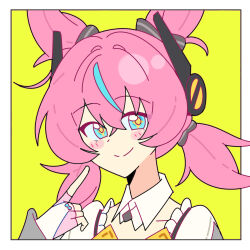  1girl absurdres aqua_eyes aqua_hair aqua_streaks aria_(human)_(zenless_zone_zero) aria_(zenless_zone_zero) blush blush_stickers border bow closed_mouth commentary crossed_bangs detached_collar english_commentary eyelashes grey_bow hair_between_eyes hair_bow highres medium_hair multicolored_hair pink_hair portrait quad_tails renren_(user_63583005) simple_background smile split_mouth streaked_hair two-tone_hair white_border yellow_background yellow_pupils zenless_zone_zero 