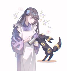  1girl apron bang_dream! bang_dream!_it's_mygo!!!!! black_hair blue_flower blush chinese_commentary commentary_request crossover cup flower hair_flower hair_ornament heart highres holding holding_cup japanese_clothes kimono latte_art long_hair looking_at_another maid maid_apron mole mole_under_eye pokemon pokemon_(creature) purple_flower purple_kimono red_eyes shiina_taki simple_background spoken_heart spoken_sweatdrop sweat sweatdrop umbreon violet_eyes wa_maid wboheshi white_apron white_background 