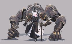  1girl absurdres animal_ears armor black_armor black_dress black_veil commentary_request dress floating_armor fox_ears fox_girl fox_tail full_body gauntlets grey_background guimpe highres holding holding_sword holding_weapon hushou896792 looking_at_viewer nun nun_headdress original own_hands_together planted planted_sword red_eyes simple_background sword tail traditional_nun veil weapon white_hair white_tail 