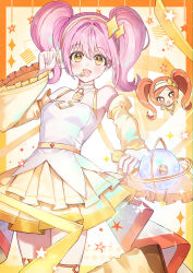  2girls absurdres adapted_costume amulet_dia arm_belt bare_shoulders belt border brown_hair brown_shoes chibi choker coattails collarbone commentary_request detached_sleeves dia_(shugo_chara!) diamond_hair_ornament dot_nose eyelashes fingernails foot_out_of_frame frilled_sleeves frills guardian_chara hair_ornament hairband hand_up happy headphones headset high-waist_belt highres hinamori_amu holding holding_microphone humpty_lock_(shugo_chara!) idol lace-trimmed_choker lace_trim leaning_forward leg_up leg_warmers light_blush light_particles long_hair long_sleeves looking_at_viewer magical_girl medium_hair microphone miniskirt multiple_belts multiple_girls open_mouth outside_border papu_(papu1006) pink_hair pleated_skirt shoes shugo_chara! single_stripe skirt smile star_(symbol) strap striped_clothes striped_hairband tailcoat tank_top tareme thigh-highs twintails very_long_hair white_background white_hairband white_tank_top wide_sleeves yellow_belt yellow_border yellow_choker yellow_eyes yellow_leg_warmers yellow_skirt yellow_sleeves yellow_theme yellow_thighhighs 