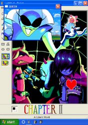 1other 2boys 3girls absurdres ahoge berdly_(dark_world)_(deltarune) berdly_(deltarune) bird bird_boy bliss_(image) blue_skin bluebird colored_skin commentary deer_girl deltarune floating goat_boy highres icon_(computing) kris_(dark_world)_(deltarune) kris_(deltarune) microsoft_paint_(software) multiple_boys multiple_girls noelle_holiday noelle_holiday_(dark_world) pink_skin queen ralsei red_soul_(utdr) reptile_girl robe scallybag01 selection_box shaded_face smile soul_(utdr) spamton_g._spamton susie_(dark_world)_(deltarune) susie_(deltarune) taskbar utdr_(toby_fox) white_robe window_(computing) windows_xp