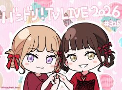  2girls :3 aotsubaki_toto bang_dream! bang_dream!_it's_mygo!!!!! blonde_hair bow braid braided_hair_rings brown_hair commentary_request double_bun finger_touching hair_bow hair_bun hair_rings misumi_uika mole mole_above_mouth multiple_girls open_mouth photoshop_(medium) real_life red_bow red_shirt sasaki_rico shirt short_hair split_mouth takao_kanon togawa_sakiko violet_eyes voice_actor voice_actor_connection yellow_eyes 