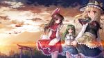  blonde_hair bow braids brown_hair clouds dress green_eyes green_hair hakurei_reimu hat japanese_clothes kirisame_marisa kochiya_sanae long_hair miko red_eyes sky sousouman sunset touhou witch yellow_eyes 