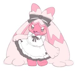  1girl black_bow blush bow clothed_pokemon colored_skin commentary eyelashes hair_bow highres kuzuyu lolita_fashion multicolored_skin pink_skin pokemon pokemon_(creature) simple_background solo tinkaton twintails two-tone_skin untranslatable_commentary white_background 