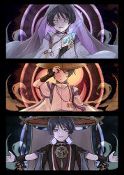  2boys absurdres ajirogasa arm_at_side armor black_bodysuit black_hair black_kimono black_sleeves blue_fire blunt_ends bodysuit bow bright_pupils brown_hat closed_mouth clothing_cutout commentary_request covered_collarbone cracked_skin dirty dirty_face eyeliner feathers fire frown furisode furrowed_brow gaota genshin_impact gold gold_trim grey_eyes grey_veil hand_on_own_chest hand_up hat hat_tip highres hole_in_chest hole_on_body japanese_armor japanese_clothes jewelry jingasa juban kimono kote kurokote layered_sleeves looking_at_viewer makeup male_focus mitsudomoe_(shape) multiple_boys multiple_persona neck_ring open_clothes open_hands open_kimono open_mouth outstretched_arms parted_lips pom_pom_(clothes) purple_bow purple_sleeves purple_veil red_eyeliner red_hat red_kimono scaramouche_(genshin_impact) scaramouche_(harbinger)_(genshin_impact) scaramouche_(kabukimono)_(genshin_impact) shoulder_cutout spread_arms straight-on string tasuki tomoe_(symbol) tsurime turtleneck turtleneck_bodysuit two-sided_fabric two-sided_veil veil violet_eyes white_kimono white_mouth white_pupils white_sleeves white_veil wispy_bangs yellow_feathers 