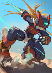  1boy armor black_eyes blonde_hair blue_sky commentary_request energy_sword forehead_jewel helmet highres holding holding_sword holding_weapon long_hair mega_man_(series) mega_man_zero_(series) omochi_(mochi_skymega) red_armor red_helmet sky solo sword weapon z_saber zero(z)_(mega_man) zero_(mega_man) 