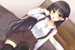  1girl black_hair black_thighhighs blush brown_skirt cafe_stella_to_shinigami_no_chou collarbone collared_shirt commentary cowboy_shot dress_shirt dutch_angle earrings eyelashes eyes_visible_through_hair flower frown hair_behind_ear hair_between_eyes hair_flower hair_ornament hair_ribbon hairclip hand_up high-waist_skirt highres indoors jewelry knee_up leg_ribbon long_hair long_sleeves looking_at_viewer mole mole_under_eye official_style on_bed open_mouth otoroku8271 parallel_hairclips pink_ribbon red_ribbon ribbon rose shiki_natsume shirt sidelocks sitting skirt solo straight_hair stud_earrings suspender_skirt suspenders thigh-highs thigh_ribbon v-shaped_eyebrows very_long_hair white_flower white_rose white_shirt yellow_eyes zettai_ryouiki 