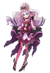  1girl black_dress black_gloves blue_eyes cure_flora dark_persona dress frilled_dress frills full_body gloves go!_princess_precure highres holding_own_dress magical_girl pink-stockings precure purple_hair sharumon solo tiara white_background 