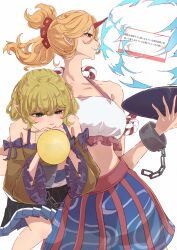  2girls absurdres adapted_costume alternate_hairstyle balloon black_skirt blonde_hair blowing blush brown_shirt commentary_request cowboy_shot cup fan_request frilled_sleeves frills green_eyes hands_up highres holding holding_balloon holding_cup horns hoshiguma_yuugi inflation long_hair long_sleeves marshmallow_(site) mizuhashi_parsee multiple_girls off-shoulder_shirt off_shoulder ponytail popped_balloon profile red_skirt sakazuki shirt simple_background single_horn skirt smile spaghetti_strap suriburi06 touhou two-tone_skirt v-shaped_eyebrows white_background 