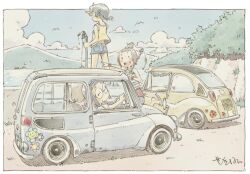 4girls =_= bangs_pinned_back black_eyes black_hair blue_car blue_shorts border brown_car brown_hair bug car closed_mouth commentary cutoffs day driving fishing_rod flower half-closed_eyes holding holding_fishing_rod kogure_yuzuha kotesashi_yayoi ladybug long_hair looking_afar looking_at_another looking_at_viewer looking_to_the_side low_twintails mima_nonoka momose_riko motor_vehicle multiple_girls ocean open_mouth outdoors outside_border red_shorts sandals sekihan shading_eyes shirt short_shorts short_twintails shorts signature simple_bird smile smirk standing standing_on_one_leg station_wagon striped_tank_top subaru_(brand) subaru_360 tank_top topknot twintails white_border white_shirt wristband yellow_tank_top zesshaka!_shiritsu_yotsuwa_joshi_gakuin_zetsumetsu_kigu-sha_gakka 