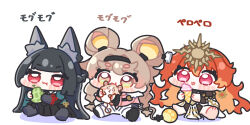  3girls :t animal animal_ear_fluff animal_ears black_hair black_hairband black_necktie black_skirt blunt_bangs brown_eyes brown_hair character_request chibi chibi_only closed_mouth commentary_request earrings eating food fox_ears fox_girl fruit gauntlets green_jacket hairband hamster headpiece highres holding holding_animal holding_food holding_fruit holding_ice_cream hoshimi_miyabi ice_cream ice_cream_cone jacket jewelry long_hair mechanical_hands melon multiple_girls necktie orange_hair red_eyes simple_background single_gauntlet sitting skirt syurikenmaru translation_request white_background wuthering_waves zenless_zone_zero 