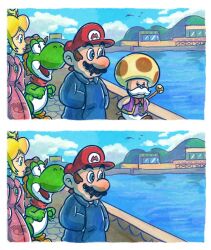  1girl 2boys :o arms_behind_back artist_name bird black_coat blonde_hair blue_eyes blue_sky bow bowtie building clouds coat commentary crown dress english_commentary facial_hair harbor hat highres holding holding_staff mario_&amp;_luigi:_partners_in_time mario_&amp;_luigi_rpg multiple_boys mustache outdoors parted_lips photo-referenced pince-nez pink_dress purple_veil red_bow red_bowtie red_hat sky staff standing super_mario_bros. the_commissar_vanishes toadsworth veil watermark yinyanggio14 yoshi 