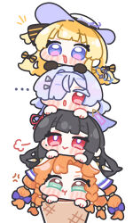  ... 4girls :o :t anger_vein black_bow black_gloves black_hair blonde_hair blue_eyes blush_stickers bow braid bright_pupils character_request chibi chibi_only closed_mouth commentary_request food gloves green_eyes grey_hair hair_bow hair_ornament hair_over_one_eye hat highres ice_cream ice_cream_cone long_hair looking_at_viewer mole mole_under_eye multiple_girls open_mouth orange_hair phoebe_(wuthering_waves) pout purple_bow red_eyes sigrika_(wuthering_waves) simple_background smile striped_bow syurikenmaru twin_braids violet_eyes white_background white_hair white_hat white_pupils wuthering_waves 