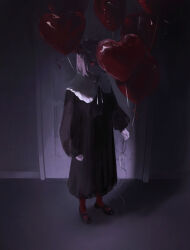  1girl absurdres alternate_costume balloon black_dress commentary door dress full_body glowing glowing_eyes heart_balloon highres holding holding_balloon indoors long_sleeves looking_at_viewer neck_ribbon red_eyes ribbon rumia sawararado shadow short_hair solo touhou 