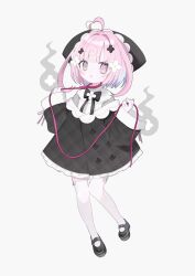  1girl :o @_@ ahoge black_bow black_bowtie black_hat black_jacket black_shoes bow bowtie collared_shirt cross_hair_ornament flat_chest floating frilled_jacket frilled_shirt_collar frilled_thighhighs frills from_side grey_eyes hair_intakes hair_ornament hands_up hat heart heart_ahoge highres holding holding_rope indie_utaite indie_virtual_youtuber jacket layered_clothes long_sleeves looking_at_viewer mary_janes momone_chinoi ne_hu0 no_nose noose open_mouth pink_eyes pink_hair rope shirt shoes short_hair simple_background solo thigh-highs utaite virtual_youtuber white_background white_thighhighs will-o'-the-wisp_(mythology) 