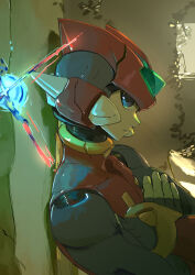  1boy armor blonde_hair commentary_request crossed_arms cyber-elf_x_(mega_man) forehead_jewel helmet highres long_hair mega_man_(series) mega_man_zero_(series) omochi_(mochi_skymega) profile red_armor red_helmet solo_focus upper_body x_(mega_man) 