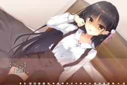  1girl black_hair black_thighhighs blush brown_skirt cafe_stella_to_shinigami_no_chou character_name collarbone collared_shirt commentary cowboy_shot d: disgust dress_shirt dutch_angle earrings eyelashes eyes_visible_through_hair flower furrowed_brow hair_behind_ear hair_between_eyes hair_flower hair_ornament hair_ribbon hairclip hand_up high-waist_skirt highres indoors jewelry knee_up leg_ribbon long_hair long_sleeves looking_at_viewer mole mole_under_eye official_style on_bed open_mouth otoroku8271 parallel_hairclips pink_ribbon red_ribbon ribbon rose shaded_face shiki_natsume shirt sidelocks sitting skirt solo straight_hair stud_earrings suspender_skirt suspenders thigh-highs thigh_ribbon translated variant_set very_long_hair video_game_dialogue_box white_flower white_rose white_shirt yellow_eyes zettai_ryouiki 