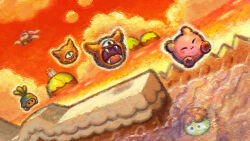  angry_scarfy asirai bubble clouds cyclops diorama fangs glunk_(kirby) halberd_(airship) helmet highres jungle_bomb kirby kirby_(series) kirby_super_star ocean one-eyed open_mouth orange_sky scarfy sky 