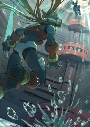  1boy armor battle blonde_hair character_request commentary_request from_behind helmet highres long_hair mega_man_(series) mega_man_zero_(series) midair omochi_(mochi_skymega) red_armor red_helmet 