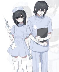  1boy 1girl :< absurdres bandaged_arm bandaged_leg bandages bandaid bandaid_on_hand black_eyes black_hair blue_dress blue_hat blue_pants blue_shirt commentary cross dress feet_out_of_frame gero_akaunko gloves hair_between_eyes hand_up hat head_tilt highres holding holding_syringe light_smile looking_at_viewer medical_scrubs medium_hair nurse nurse_cap original pants puffy_short_sleeves puffy_sleeves shirt short_sleeves syringe thigh-highs untranslatable_commentary white_background white_gloves white_thighhighs zoom_layer 