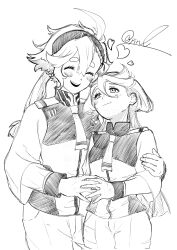  2girls 715piro_gon absurdres asticassia_school_uniform blush closed_eyes closed_mouth commentary_request greyscale gundam gundam_suisei_no_majo hairband heart highres holding_hands long_hair looking_at_another miorine_rembran monochrome multiple_girls open_mouth school_uniform shorts signature smile suletta_mercury thick_eyebrows yuri 