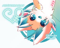  :3 :d aqua_eyes blue_eyes blush colored_tongue commentary english_text gradient_fur looking_at_viewer mew_mew_chikorita_moon no_humans open_mouth orange_fur original pokemon smile solo upside-down white_background white_fur 