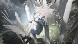  1girl animal bird black_shoes bloomers blue_dress closed_eyes closed_mouth collar collared_dress commentary dress floating_hair from_side full_body grey_hair highres holding holding_animal holding_bird knees_up long_hair long_sleeves midair original profile shoes socks solo straight_hair twitter_username white_bird white_bloomers white_collar white_socks yuzu_(yuzusuke10) 