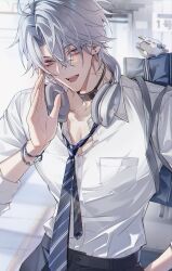  1boy absurdres antenna_hair artist_name backpack bag black_choker black_necktie black_pants blue_bag blue_eyes blurry blurry_background bracelet breast_pocket buttons character_charm charm_(object) choker chrysos_heirs_school_uniform city collarbone collared_shirt day earrings english_commentary eyeshadow fingernails grey_hair hair_between_eyes hand_in_pocket hand_up headphones headphones_around_neck highres honkai:_star_rail honkai_(series) jewelry kasasagi_(kasasagi0000) long_sleeves looking_at_viewer makeup male_focus neck_tattoo necktie official_alternate_costume open_mouth outdoors pants phainon_(honkai:_star_rail) phainon_(vigethos)_(honkai:_star_rail) pocket red_eyeshadow school_uniform shadow shirt short_hair solo standing striped_clothes striped_necktie sun_symbol sun_tattoo tattoo teeth tile_floor tiles tongue white_shirt yellow_pupils 
