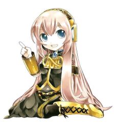 :d arm_warmers belt black_shirt black_skirt blue_eyes chibi chibi_only full_body headphones headset jewl kei_(artist) kei_(keigarou) lace-up_boots long_hair long_skirt megurine_luka mesh mouth_open pink pink_hair point short_sleeves side_slit slit_dress thigh-highs vocaloid vocaloid2 white_background yellow_boots