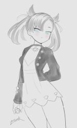  1girl aqua_eyes arm_behind_back asymmetrical_bangs blush choker closed_mouth collarbone commentary cowboy_shot dress english_commentary eyelashes grey_background holding holding_poke_ball jacket long_hair long_sleeves marnie_(pokemon) open_clothes open_jacket poke_ball pokemon pokemon_sword_and_shield signature simple_background sketch solo spot_color twintails zetarok 