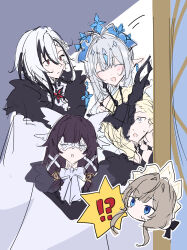  5girls absurdres anastasya_feodorovna_snezhnaya arlecchino_(genshin_impact) black_crown blue_eyes closed_eyes columbina_(genshin_impact) commentary crown fatui_coat genshin_impact head_wings highres multicolored_hair multiple_girls open_mouth ryokukablog sandrone_(genshin_impact) signora_(genshin_impact) symbol-shaped_pupils untranslatable_commentary white_hair wings x-shaped_pupils 