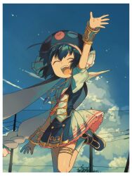  1girl :d ^_^ ahoge arm_up bass_clef black_hat blue_hair blue_shoes blue_sky blue_vest border braid closed_eyes clouds colored_inner_hair day fukomo gold_trim hat highres jewelry long_hair low-braided_long_hair low-tied_long_hair multicolored_hair musical_note necklace necktie open_mouth otomachi_una otomachi_una_(sugar) outdoors petticoat pleated_skirt power_lines red_necktie sailor_collar shirt shoes skirt sky smile socks solo teeth thigh_strap treble_clef twintails two-tone_hair upper_teeth_only utility_pole vest vocaloid white_border white_hair white_sailor_collar white_shirt white_skirt white_socks 