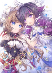  2girls bare_shoulders black_hair black_sleeves blue_eyes bow brown_hair closed_mouth columbina_(genshin_impact) commentary_request detached_sleeves dress genshin_impact gloves hand_up hands_on_another's_shoulders long_hair long_sidelocks long_sleeves looking_at_another multiple_girls open_mouth purple_hair sandrone_(genshin_impact) short_hair_with_long_locks sidelocks smile symbol_in_eye takitarou unusually_open_eyes violet_eyes white_bow white_dress white_gloves wrist_bow 