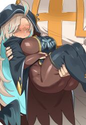  1boy 1girl absurdres black_tabard blonde_hair blue_streaks blush bodystocking breasts cape carrying closed_eyes closed_mouth colored_inner_hair flying_sweatdrops forehead full-face_blush gamjasssak gold_trim highres large_breasts leader_(trickcal) multicolored_hair nun princess_carry simple_background skia_(trickcal) streaked_hair sweatdrop tabard thighs trickcal white_background 