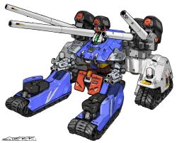  artist_name assault_visor caterpillar_tracks commentary_request energy_gun gundam guntank highres mecha mecha_focus mobile_suit no_humans non-humanoid_robot peter_(peter6409) robot science_fiction shoulder_cannon weapon white_background 