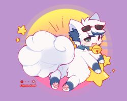  :3 animal_focus bell blue_fur blue_hair blush collar commentary eyewear_on_head fluffy full_body happy heterochromia highres jingle_bell lying mew_mew_chikorita_moon multicolored_hair neck_bell no_humans open_mouth original pawpads pokemon purple_background red_eyes smile solo star_(symbol) sunglasses tail white_fur white_hair 