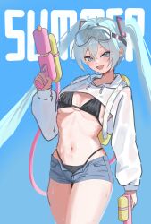   1girl absurdres aqua_eyes aqua_hair banchance_p bikini black_bikini blue_background blue_eyes blue_hair blush breasts cropped_hoodie diving_mask diving_mask_on_head english_text goggles goggles_on_head hair_between_eyes hatsune_miku highres holding holding_water_gun hood hoodie long_hair looking_at_viewer navel open_clothes open_fly open_mouth open_shorts shiny_skin shorts small_breasts smile solo sweat sweatdrop swimsuit twintails very_long_hair vocaloid water_gun white_hoodie