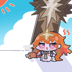 1girl augusta_(wuthering_waves) barefoot blue_sky boned_meat chibi chibi_only clouds commentary_request dress earrings food headpiece highres holding holding_food jewelry long_hair meat orange_hair red_eyes sky solo sun syurikenmaru white_dress wuthering_waves 