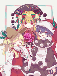  3girls blonde_hair blue_eyes blue_hair brown_hat chinese_clothes christmas closed_eyes closed_mouth commentary_request dalachi_(headdress) doremy_sweet dress english_text hat hat_bell highres junko_(touhou) layered_dress long_hair looking_at_viewer moriya_suwako multicolored_dress multiple_girls neck_ribbon nightcap pom_pom_(clothes) red_eyes red_skirt red_tabard red_vest ribbon ribbon-trimmed_sleeves ribbon_trim roamu_65 short_hair skirt sweater tabard touhou turtleneck turtleneck_sweater vest wide_sleeves 