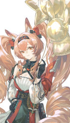  1girl absurdres angelina_(arknights) angelina_the_mellow_wish_(arknights) animal_ear_fluff animal_ears arknights balloon bare_shoulders black_gloves black_hairband brown_hair criss-cross_halter detached_sleeves double-parted_bangs dress fox_ears fox_girl gloves hairband halterneck hand_on_own_hip headgear highres holding holding_balloon long_hair long_sleeves looking_at_viewer orange_eyes pouch red_dress simple_background smile twintails very_long_hair white_background white_dress yinhepongpong 