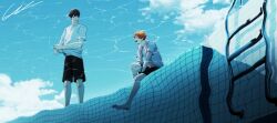  2boys barefoot black_hair black_shorts blue_sky closed_mouth clouds dress_shirt haikyuu!! highres hinata_shouyou kageyama_tobio kkno_k looking_at_another male_focus multiple_boys open_mouth poolside shirt shorts signature sitting sky smile standing t-shirt tile_wall tiles underwater white_shirt 