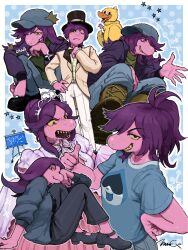  blue_shirt blueprint_(object) chalk character_print colored_skin colored_teeth commentary_request deltarune dress freckles furry furry_female hair_bun hat highres hood hooded_jacket jacket long_hair multiple_persona nas_u official_alternate_costume official_alternate_hairstyle open_mouth ponytail purple_hair purple_skin reptile_girl sharp_teeth shirt single_hair_bun sitting smile squatting susie_(deltarune) teeth tiara top_hat tuxedo utdr_(toby_fox) yellow_teeth 