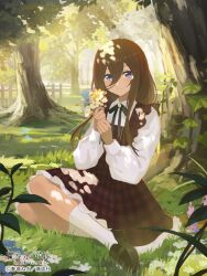  1girl black_shoes blue_eyes brooch brown_dress brown_hair closed_mouth collared_shirt commentary_request copyright_notice dappled_sunlight day dress flower forest full_body go-toubun_no_hanayome grass hair_between_eyes highres holding holding_flower jewelry kgt_(pixiv12957613) long_hair long_sleeves looking_at_viewer nakano_miku nature neck_ribbon official_art on_ground outdoors plaid_clothes plaid_dress red_ribbon ribbon shirt shoes sitting smile socks solo sunlight tree white_shirt white_socks yokozuwari 